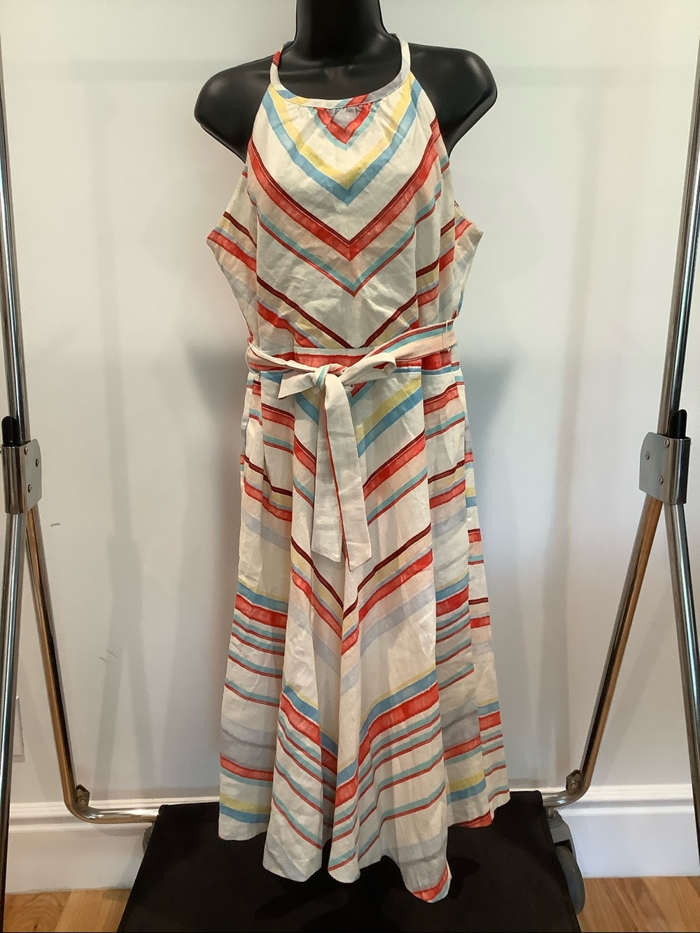 ECI Linen, Multi-Colored, Striped Midi Dress, Size 8